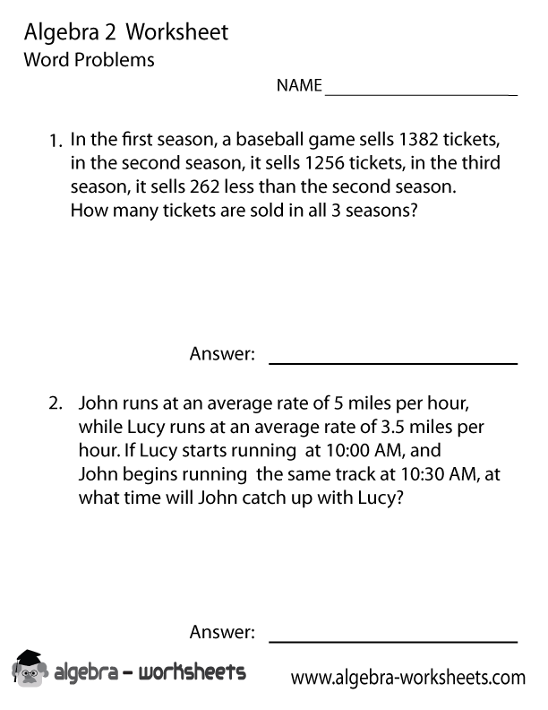 Algebra 2 Word Problems Worksheet Printable