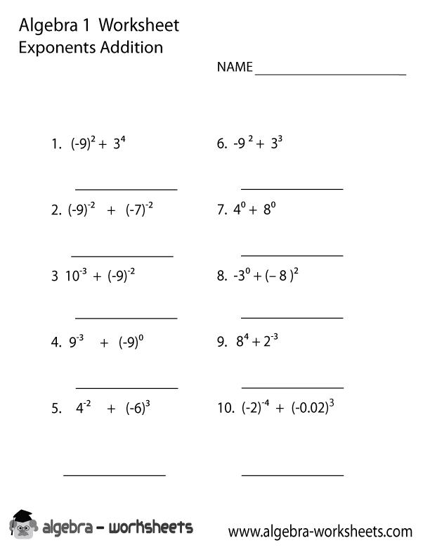 Exponents Addition Algebra 1 Worksheet Printable