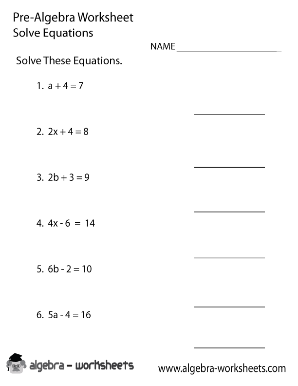 Solve Equations Pre-Algebra Worksheet Printable